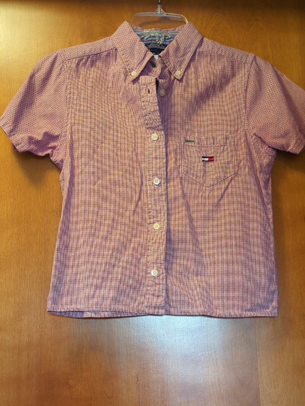 Tommy Hilfiger Red and White Micro-Plaid Shirt with Flag Logo
